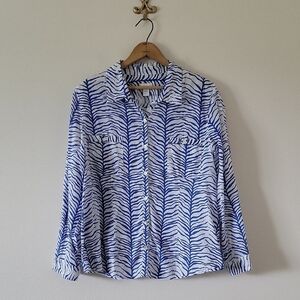 Chico's Blue White Zebra Stripe Long Sleeve Button Down Cotton Shirt Size XL